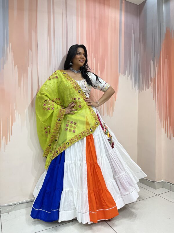Multicolor Panelled Chaniya Choli with Mirror Work White Blouse & Lime Green Dupatta – Meera’s Lehenga - Image 2