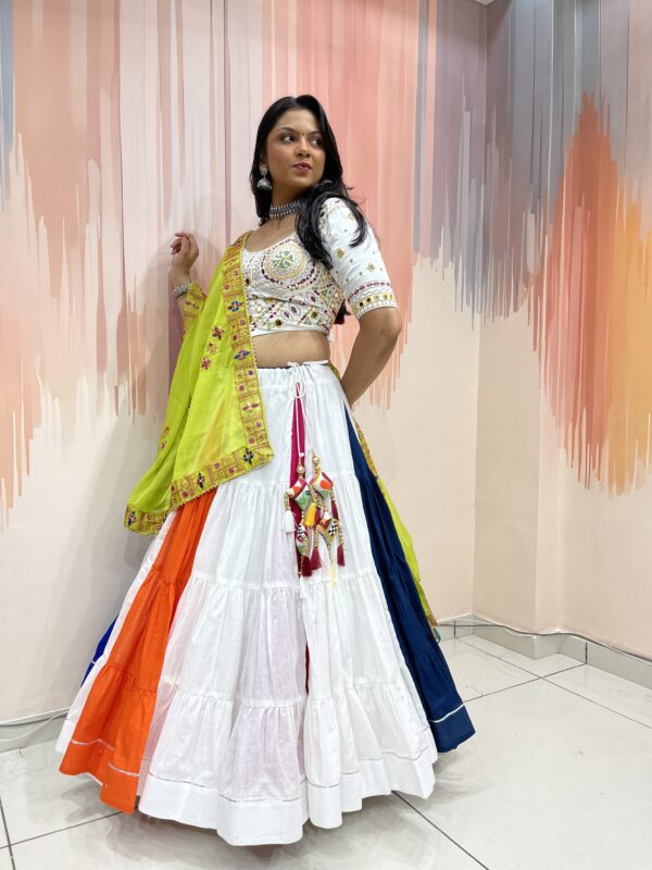 Multicolor Panelled Chaniya Choli with Mirror Work White Blouse & Lime Green Dupatta – Meera’s Lehenga - Image 3