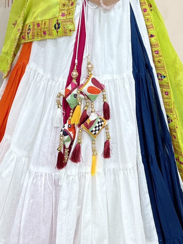 Multicolor Panelled Chaniya Choli with Mirror Work White Blouse & Lime Green Dupatta – Meera’s Lehenga - Image 4