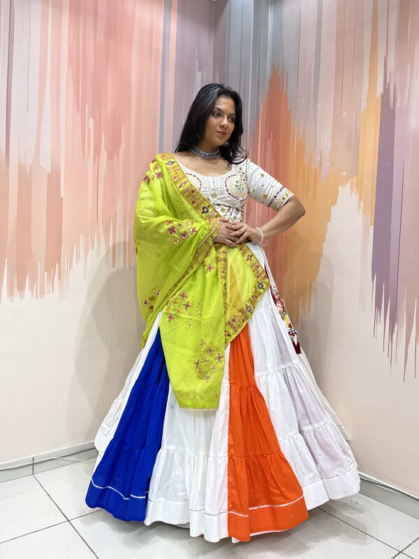 Multicolor Panelled Chaniya Choli with Mirror Work White Blouse & Lime Green Dupatta – Meera’s Lehenga - Image 5