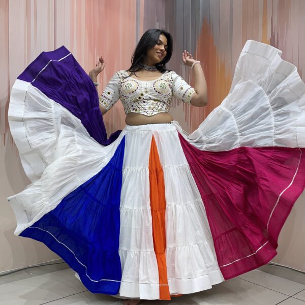 Multicolor Panelled Chaniya Choli with Mirror Work White Blouse & Lime Green Dupatta – Meera’s Lehenga - Image 6