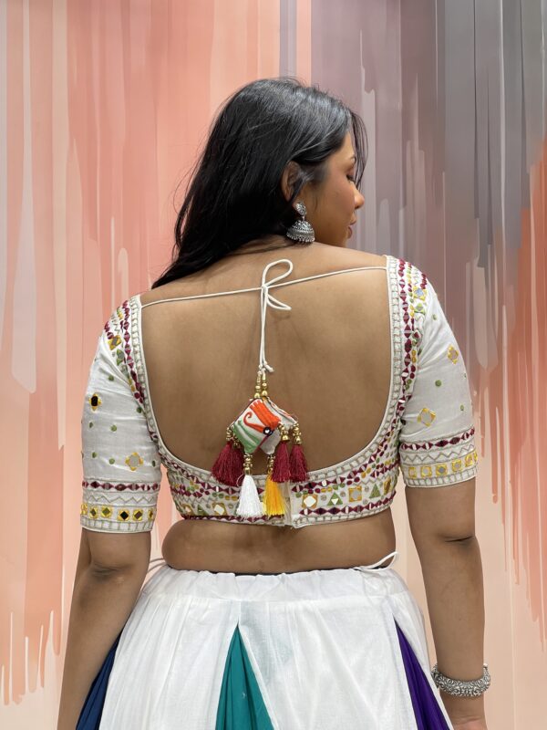 Multicolor Panelled Chaniya Choli with Mirror Work White Blouse & Lime Green Dupatta – Meera’s Lehenga - Image 8