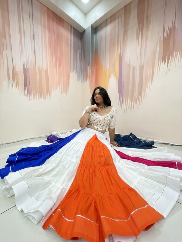 Multicolor Panelled Chaniya Choli with Mirror Work White Blouse & Lime Green Dupatta – Meera’s Lehenga - Image 9