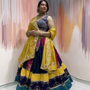 Multicolor Panel Navratri Chaniya Choli with Embroidered Blouse & Yellow Dupatta – Meera’s Lehenga