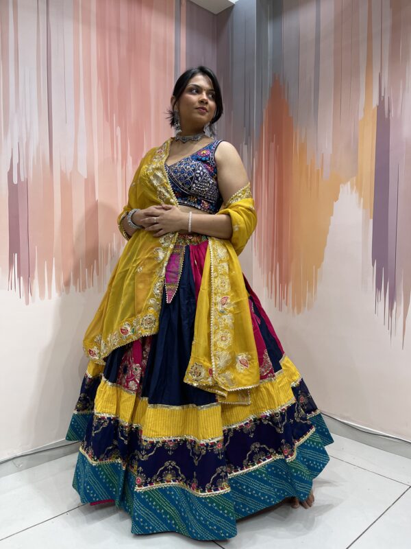 Multicolor Panel Navratri Chaniya Choli with Embroidered Blouse & Yellow Dupatta – Meera’s Lehenga