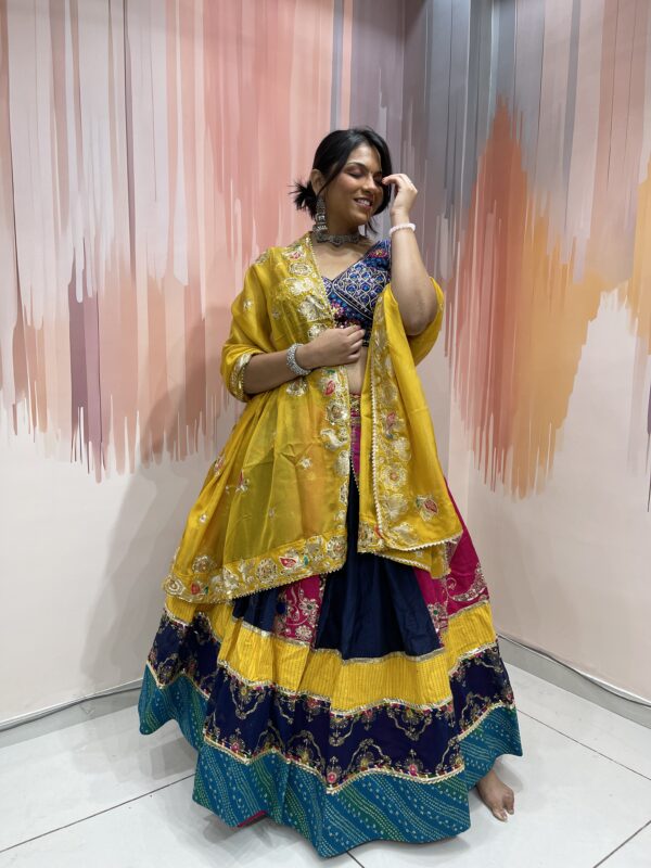 Multicolor Panel Navratri Chaniya Choli with Embroidered Blouse & Yellow Dupatta – Meera’s Lehenga - Image 2