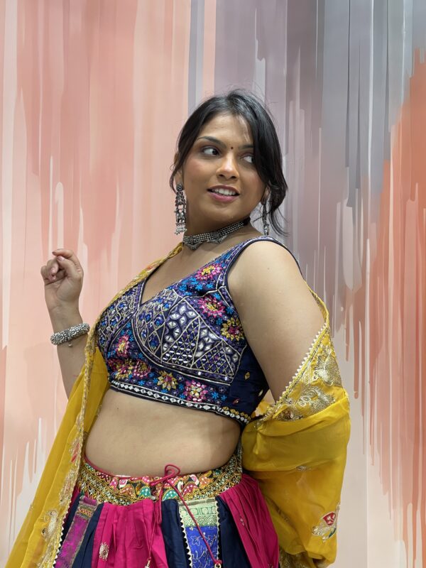 Multicolor Panel Navratri Chaniya Choli with Embroidered Blouse & Yellow Dupatta – Meera’s Lehenga - Image 3