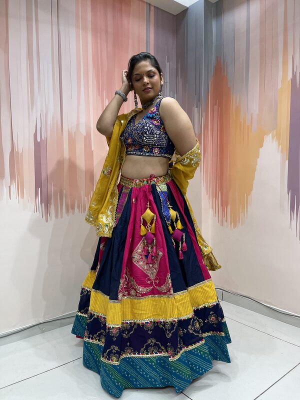 Multicolor Panel Navratri Chaniya Choli with Embroidered Blouse & Yellow Dupatta – Meera’s Lehenga - Image 4