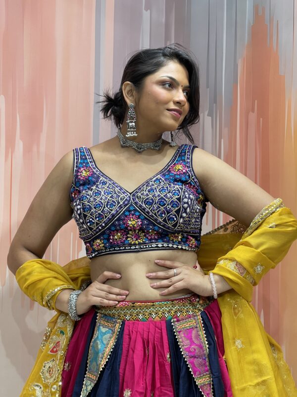 Multicolor Panel Navratri Chaniya Choli with Embroidered Blouse & Yellow Dupatta – Meera’s Lehenga - Image 6