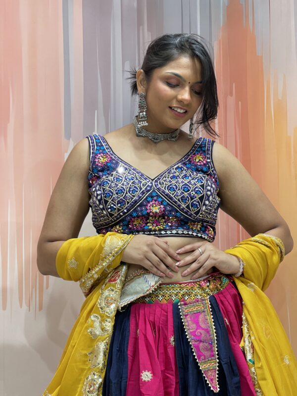 Multicolor Panel Navratri Chaniya Choli with Embroidered Blouse & Yellow Dupatta – Meera’s Lehenga - Image 9