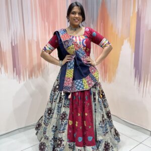 Rust Maroon & Cream Multicolour Printed Chaniya Choli with Embroidered Navy Dupatta – Meera’s Lehenga