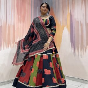 Tribal Elephant Printed Black Chaniya Choli with Multicolor Panel Work & Shell Tassels – Meera’s Lehenga