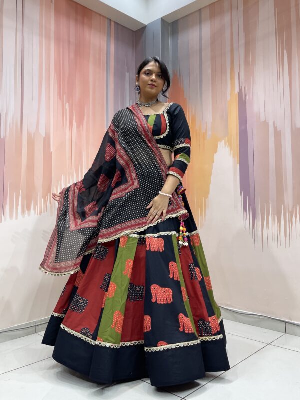 Tribal Elephant Printed Black Chaniya Choli with Multicolor Panel Work & Shell Tassels – Meera’s Lehenga