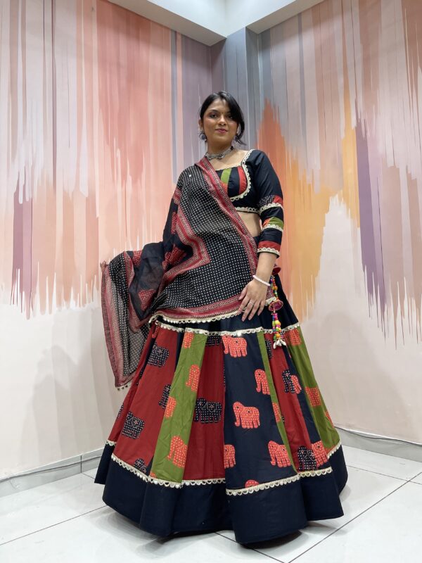 Tribal Elephant Printed Black Chaniya Choli with Multicolor Panel Work & Shell Tassels – Meera’s Lehenga - Image 2