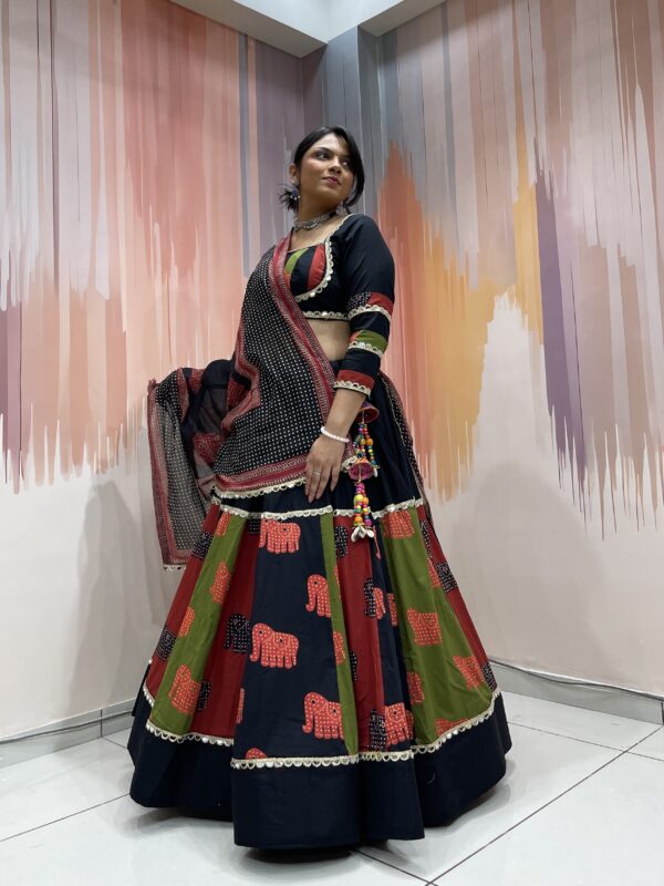 Tribal Elephant Printed Black Chaniya Choli with Multicolor Panel Work & Shell Tassels – Meera’s Lehenga - Image 3