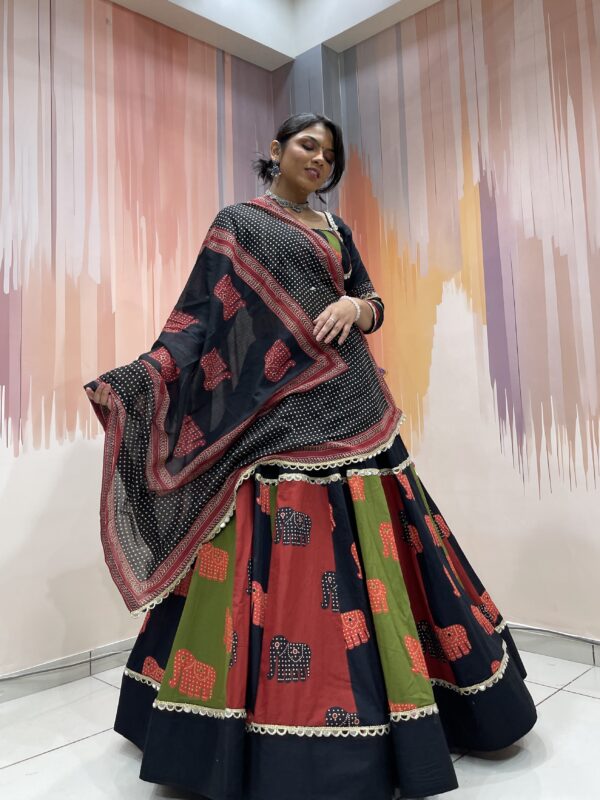 Tribal Elephant Printed Black Chaniya Choli with Multicolor Panel Work & Shell Tassels – Meera’s Lehenga - Image 4