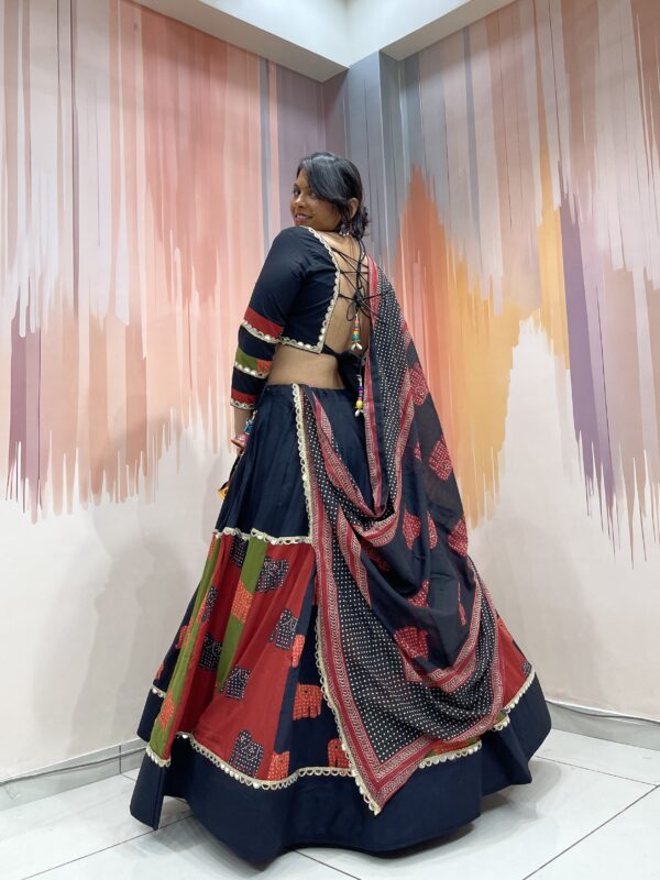Tribal Elephant Printed Black Chaniya Choli with Multicolor Panel Work & Shell Tassels – Meera’s Lehenga - Image 5