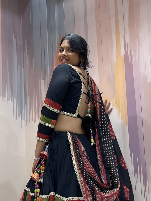 Tribal Elephant Printed Black Chaniya Choli with Multicolor Panel Work & Shell Tassels – Meera’s Lehenga - Image 6