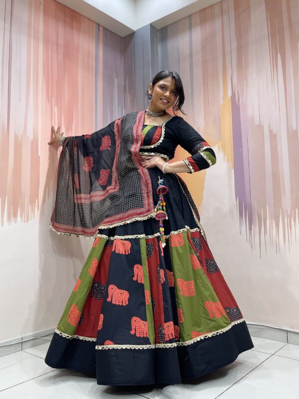 Tribal Elephant Printed Black Chaniya Choli with Multicolor Panel Work & Shell Tassels – Meera’s Lehenga - Image 7