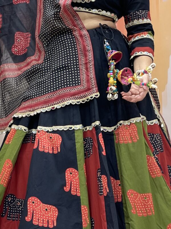 Tribal Elephant Printed Black Chaniya Choli with Multicolor Panel Work & Shell Tassels – Meera’s Lehenga - Image 8