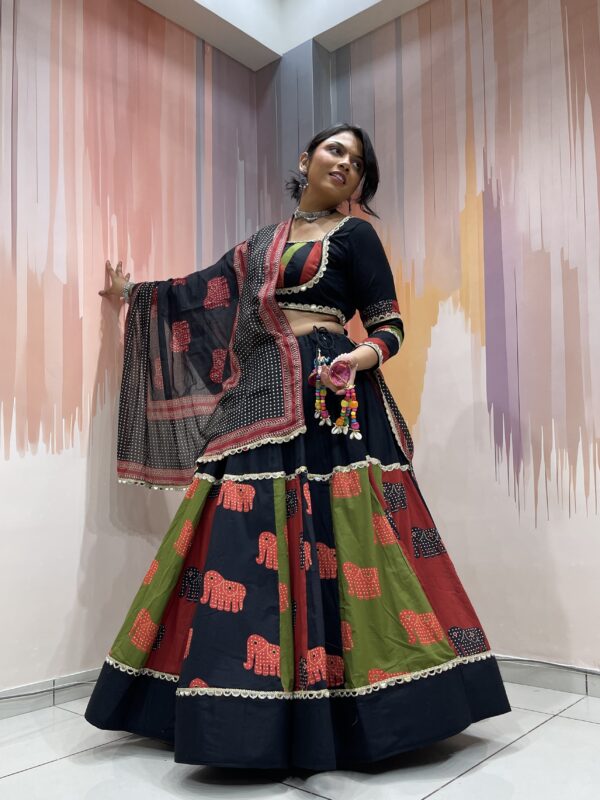 Tribal Elephant Printed Black Chaniya Choli with Multicolor Panel Work & Shell Tassels – Meera’s Lehenga - Image 9