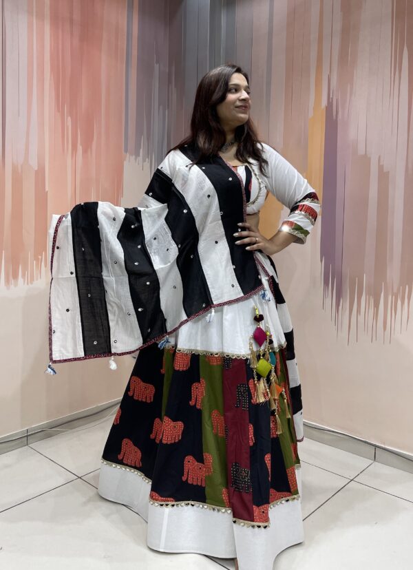 White Elephant Print Chaniya Choli with Multicolor Panel Work & Shell Mirror Blouse – Meera’s Lehenga - Image 2
