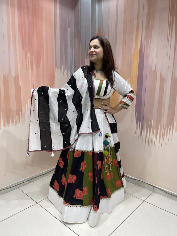 White Elephant Print Chaniya Choli with Multicolor Panel Work & Shell Mirror Blouse – Meera’s Lehenga - Image 3