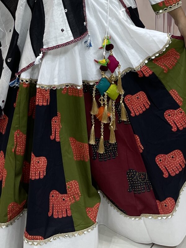 White Elephant Print Chaniya Choli with Multicolor Panel Work & Shell Mirror Blouse – Meera’s Lehenga - Image 4