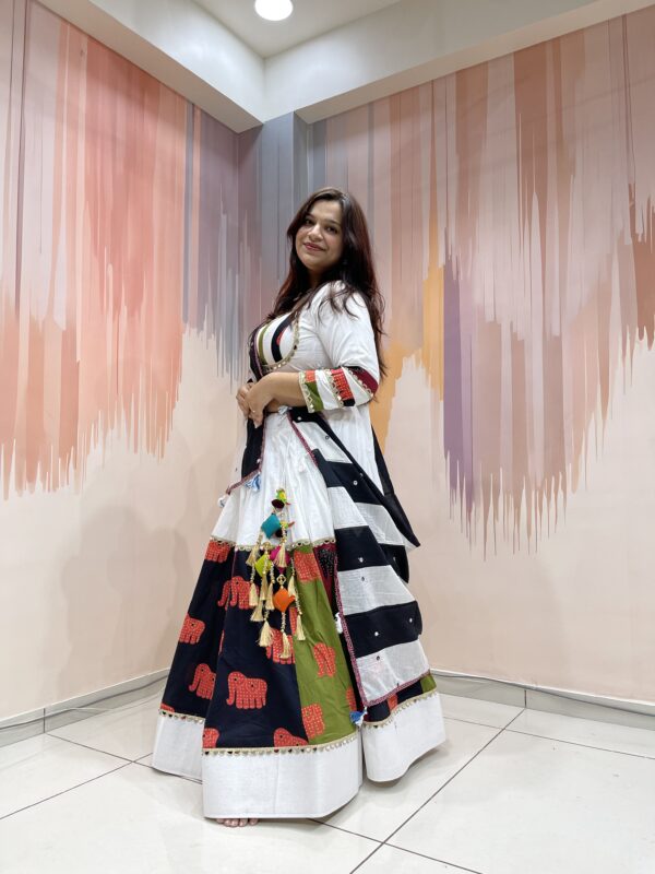 White Elephant Print Chaniya Choli with Multicolor Panel Work & Shell Mirror Blouse – Meera’s Lehenga - Image 5