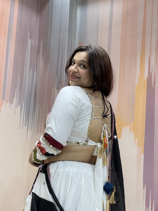 White Elephant Print Chaniya Choli with Multicolor Panel Work & Shell Mirror Blouse – Meera’s Lehenga - Image 6