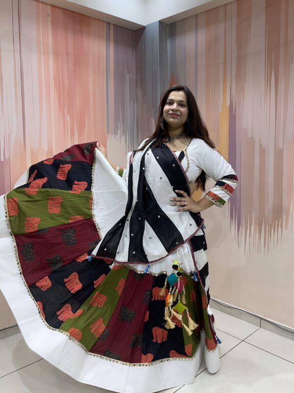 White Elephant Print Chaniya Choli with Multicolor Panel Work & Shell Mirror Blouse – Meera’s Lehenga - Image 9