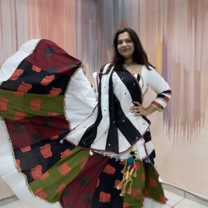White Elephant Print Chaniya Choli with Multicolor Panel Work & Shell Mirror Blouse – Meera’s Lehenga