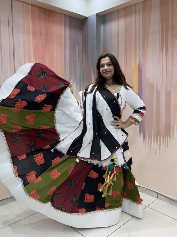 White Elephant Print Chaniya Choli with Multicolor Panel Work & Shell Mirror Blouse – Meera’s Lehenga