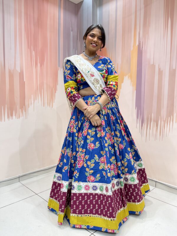Traditional Royal Blue Bandhani Chaniya Choli with Embroidered Blouse & Mirror Work Dupatta – Meera's Lehenga