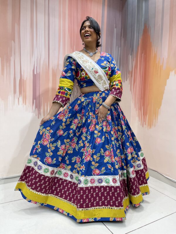 Traditional Royal Blue Bandhani Chaniya Choli with Embroidered Blouse & Mirror Work Dupatta – Meera's Lehenga - Image 2
