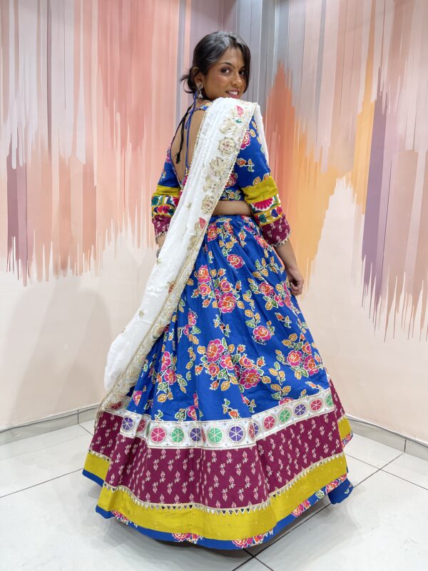 Traditional Royal Blue Bandhani Chaniya Choli with Embroidered Blouse & Mirror Work Dupatta – Meera's Lehenga - Image 3
