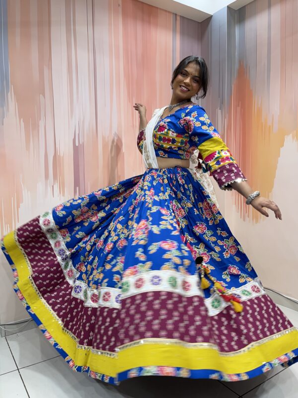 Traditional Royal Blue Bandhani Chaniya Choli with Embroidered Blouse & Mirror Work Dupatta – Meera's Lehenga - Image 4