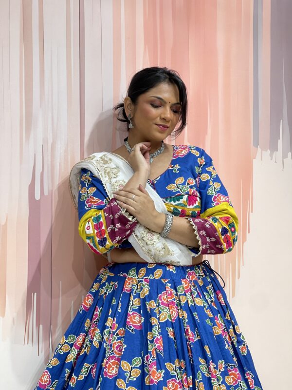 Traditional Royal Blue Bandhani Chaniya Choli with Embroidered Blouse & Mirror Work Dupatta – Meera's Lehenga - Image 5