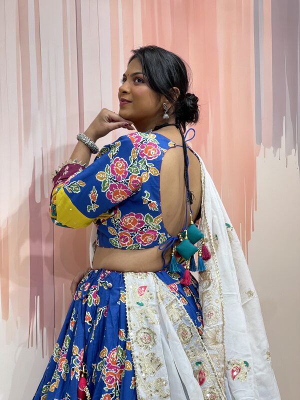 Traditional Royal Blue Bandhani Chaniya Choli with Embroidered Blouse & Mirror Work Dupatta – Meera's Lehenga - Image 6