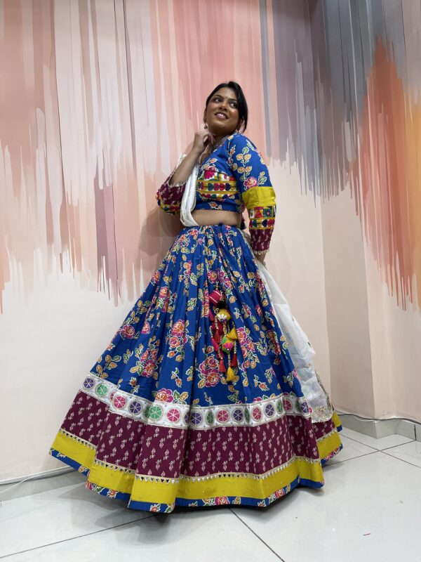 Traditional Royal Blue Bandhani Chaniya Choli with Embroidered Blouse & Mirror Work Dupatta – Meera's Lehenga - Image 7