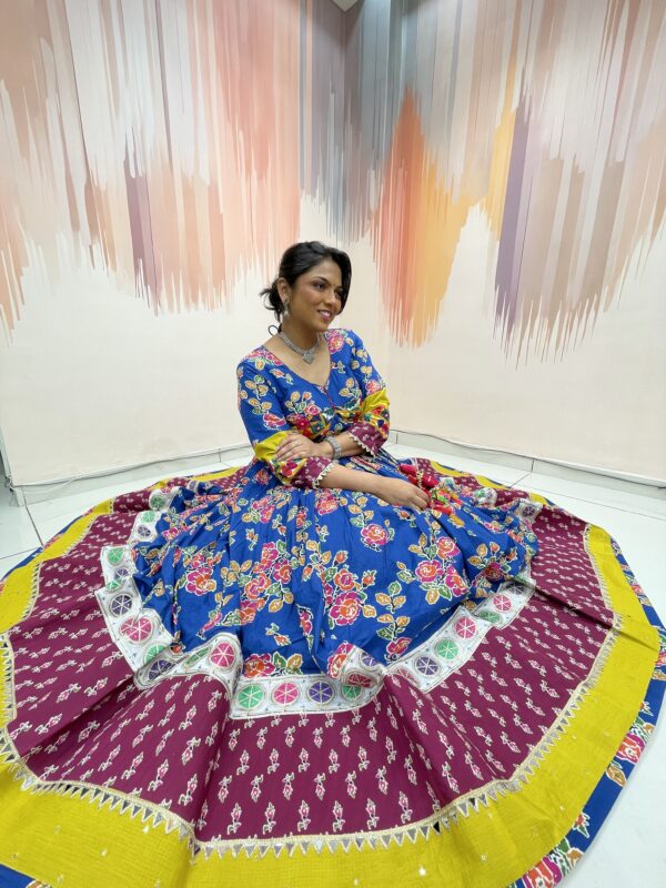 Traditional Royal Blue Bandhani Chaniya Choli with Embroidered Blouse & Mirror Work Dupatta – Meera's Lehenga - Image 8