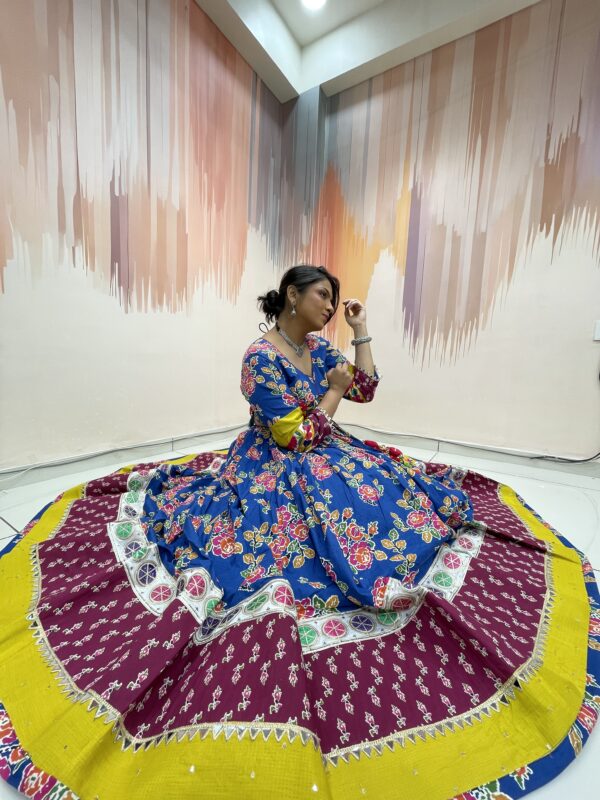 Traditional Royal Blue Bandhani Chaniya Choli with Embroidered Blouse & Mirror Work Dupatta – Meera's Lehenga - Image 9