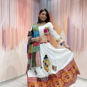Elegant White Chaniya Choli with Multicolour Patchwork Dupatta & Elephant Border – Meera’s Lehenga