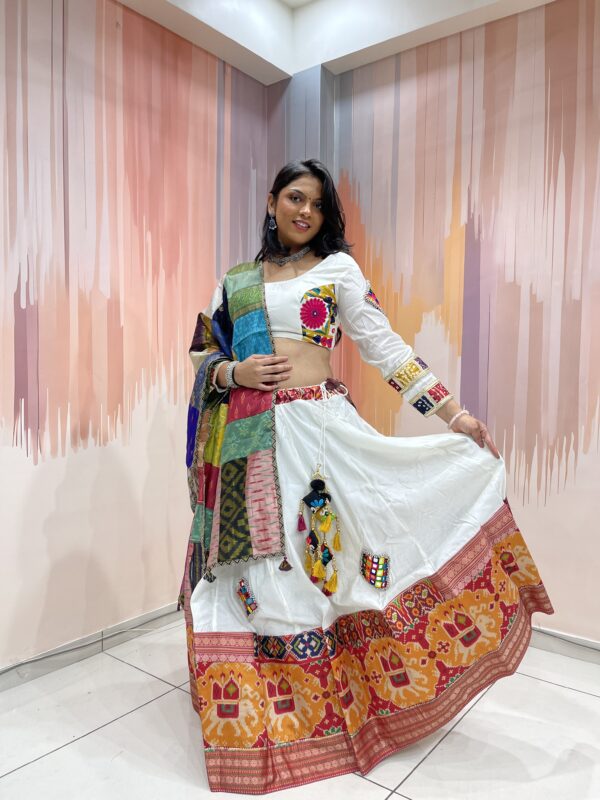 Elegant White Chaniya Choli with Multicolour Patchwork Dupatta & Elephant Border – Meera’s Lehenga