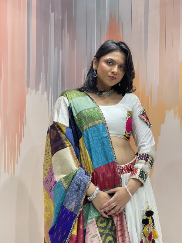 Elegant White Chaniya Choli with Multicolour Patchwork Dupatta & Elephant Border – Meera’s Lehenga - Image 2
