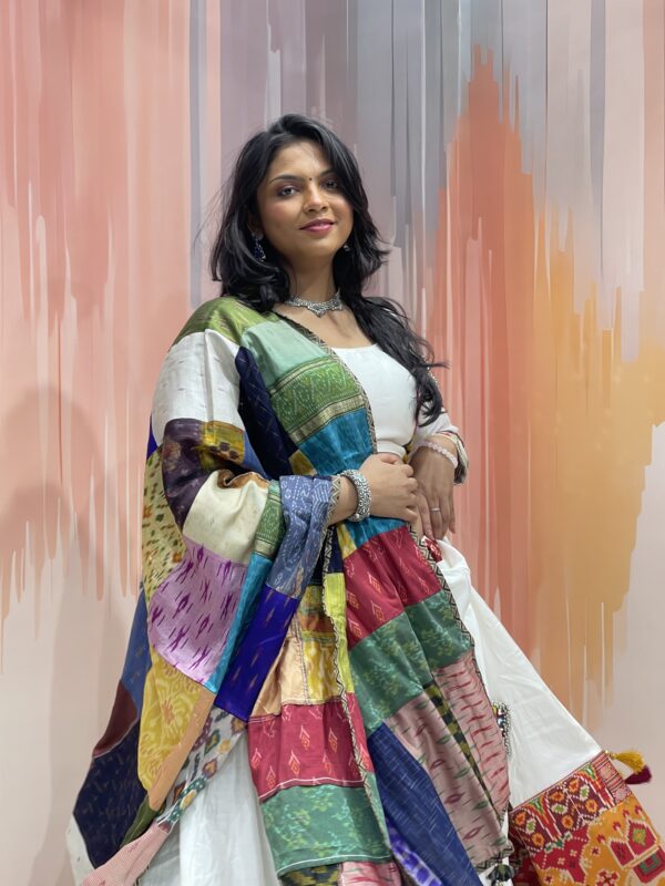 Elegant White Chaniya Choli with Multicolour Patchwork Dupatta & Elephant Border – Meera’s Lehenga - Image 3