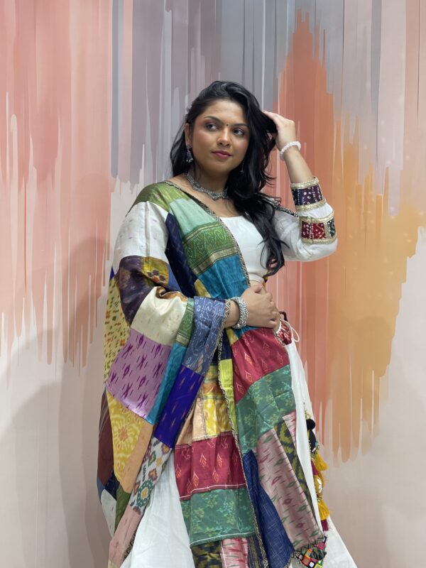 Elegant White Chaniya Choli with Multicolour Patchwork Dupatta & Elephant Border – Meera’s Lehenga - Image 4