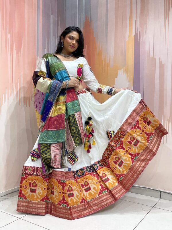 Elegant White Chaniya Choli with Multicolour Patchwork Dupatta & Elephant Border – Meera’s Lehenga - Image 5