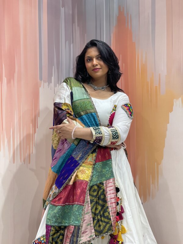 Elegant White Chaniya Choli with Multicolour Patchwork Dupatta & Elephant Border – Meera’s Lehenga - Image 7