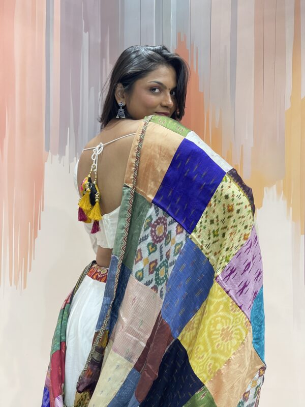 Elegant White Chaniya Choli with Multicolour Patchwork Dupatta & Elephant Border – Meera’s Lehenga - Image 6